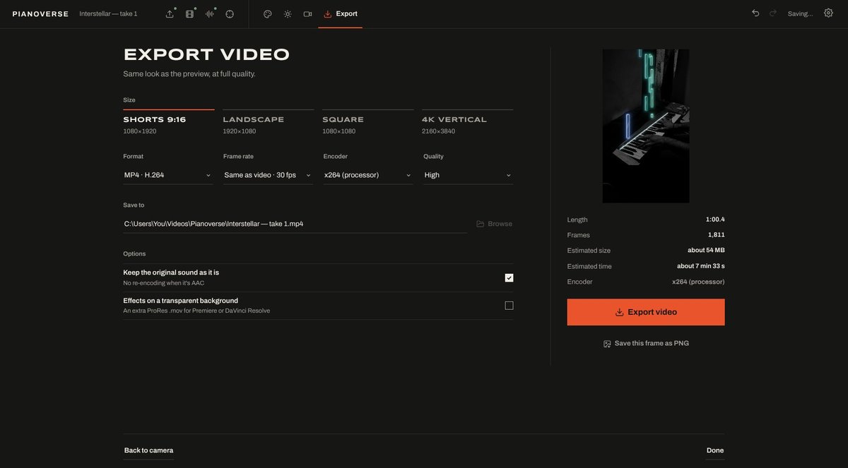 The Export step in Pianoverse: sizes, format, encoder and the time estimate